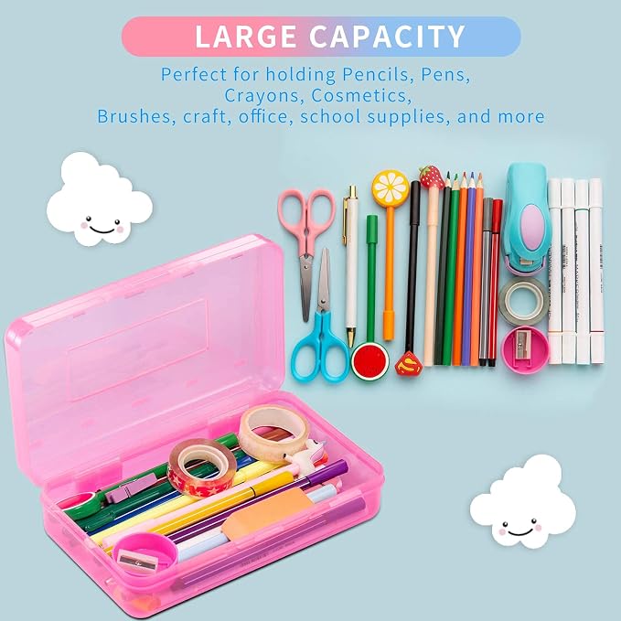 Sooez Plastic Pencil Case Box 6 Pack, Colored Large Craft Storage Bulk