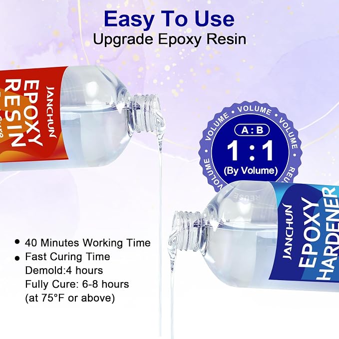 JANCHUN Crystal Clear Epoxy Resin Kit 2 Gallon, Bubble-Free, Anti-Yellowing, Self Leveling Easy Mix 1:1 Coating and Casting Resin for Table Top, Molds, Tumbler Crafts, Painting, Jewelry, DIY Gifts