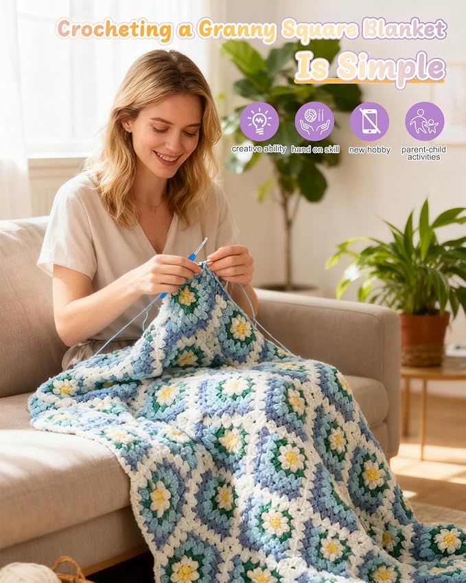 Coopay Crochet Kit for Beginners, Easy 3D Granny Square Blanket Kit, Blue