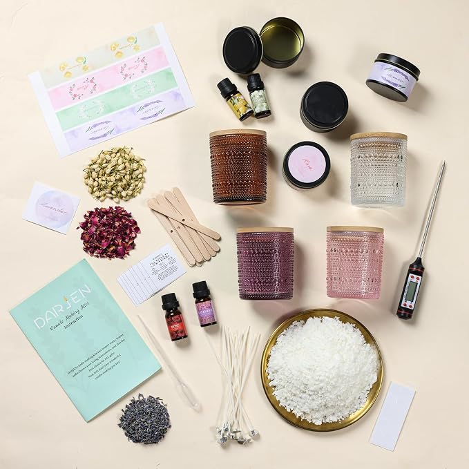DARJEN Candle Making Kit for Adult, 4 Jars & 4 Tins Soy Wax Scented DIY Set | 100% Soy Wax, 10oz Glass Jars, 4oz Tins, Cotton Wicks, Pleasant Scents, Instruction& More- Perfect as Home Decorations
