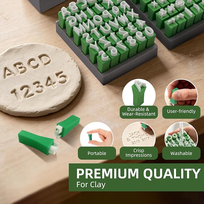 Green Alphabet Stamps for Clay – 36 Pcs (Uppercase Letters & Numbers 0-9 Set), Essential Clay Letter Stamps for Pottery, Ceramics, Concrete, DIY Craft Tools with Storage Box