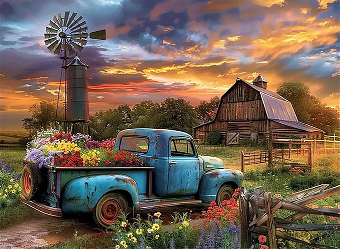 Farmhouse Truck Flower Paint by Numbers Kit for Adults Canvas,Frameworkless | Easy Adult Paint by Number Kits on Canvas DIY Truck Flower Painting for Beginners Art by Numbers for Home Wall Decor Gift