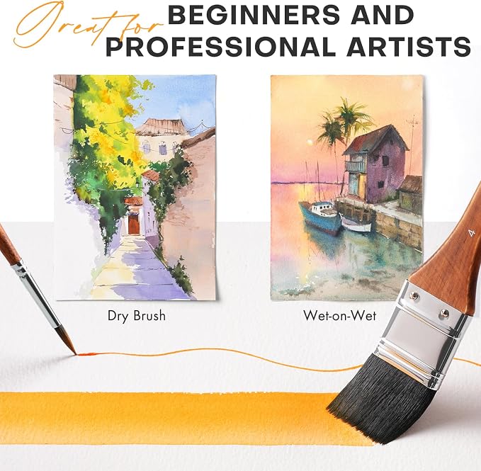 Fuumuui Professional Watercolor Brushes - 10Pcs Synthetic Squirrel Hair Paint Brush Set with Wide Flat, Round, Detail, Dagger, Cat's Tongue for Watercolor Gouache Inks Painting
