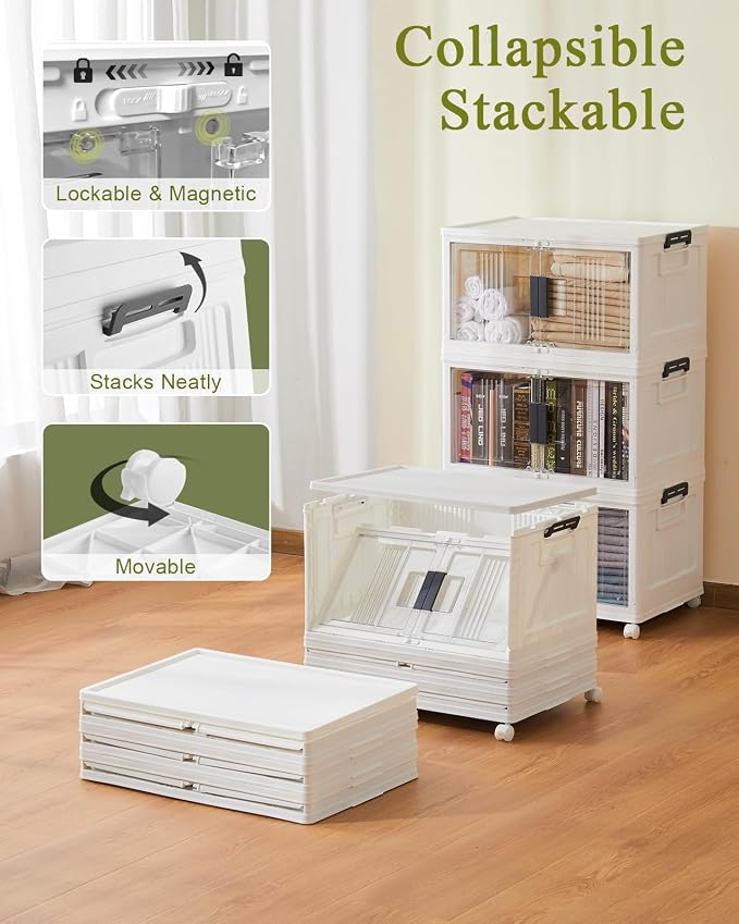 OlarHike 144QT Storage Bins with Lids for Closets, Office, Dorm, 3 Pack | Multi-Lid, Lockable Cabinet, Doors & Wheels, Foldable & Collapsible, Stackable Organizers, Plastic Drawers, School, Game Day