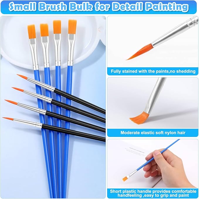 200 Pcs Small Paint Brushes Bulk, Anezus Detail Paint Brushes Fine Brushes with Flat and Round Tip Acrylic Brushes Set for Classroom Water Color Pumpkin Canvas Painting Touch Up
