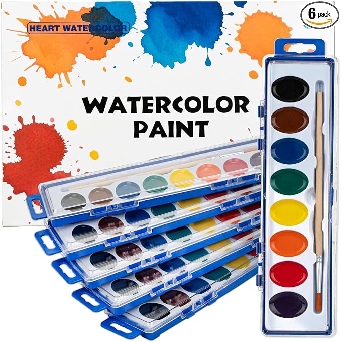 6 Pack Watercolor Paint Set, 8 Colors Water Color Paint Sets for kids | Washable, with Wood Brush, Art Supplies, Non-Toxic, for Classroom, Children, Student, Party Favor, Bulk