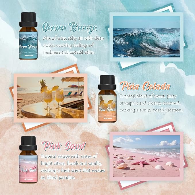 ARVIDSSON Summer Essential Oils Set, Tropical Fragrance Oil for Diffuser, Soap and Candle Making - Ocean Breeze, Pina Colada, Fresh Cotton, Pink Sand, Plumeria, Coconut, Scented Oil for Home