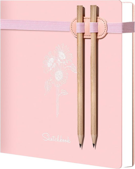 Hardcover Sketchbook for Drawing with 2 Pencils,160 Page Sketch Book,Pink | Acid Free 150GSM Thick Paper,Gift Boxed,Square Leather Art Sketch Pad Drawing Paper Book Artist's Journal for Women Adults