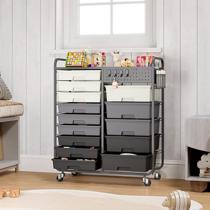 14 Drawer Rolling Storage Cart with Tabletop and Pegboard for Crafts Grey | Easy Setup, Large Capacity, Sturdy Build, Smooth Mobility, For classroom, office and dorm supplies