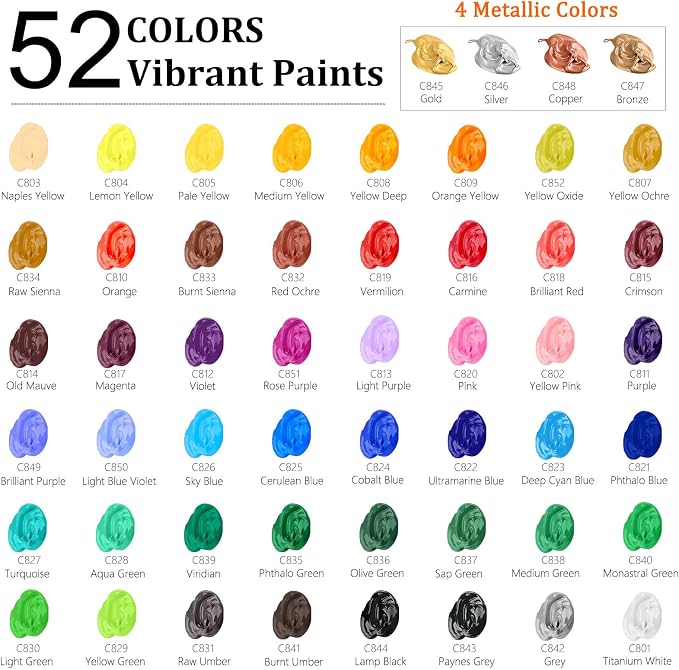 Caliart 52 Colors Acrylic Paint Set with Painting Brushes | Rich Pigment, Craft Painting Kit for Adults Artists, Halloween Pumpkin Canvas Wood Rock Ceramic Fabric Art Supplies Paints