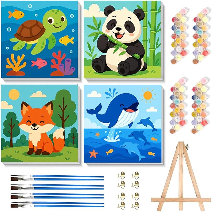 Arttoplus 4 Pack Paint by Numbers Kit for Kids with Frame Animals 8x8 inch | Cute Animals Kids Paint by Numbers Ages 4-6-8 with Wooden Easel, Easy DIY Acrylic Oil Painting by Number for Gift Home Decor