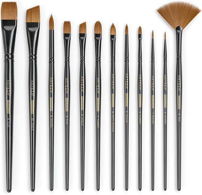 ARTEZA Paint Brushes Set of 12, Acrylic and Oil Paint Brushes with Synthetic Hair, Rust-Resistant Ferrules and Birch Wooden Handles for Canvas, Crafts, Blending, Layering, and Detail Work