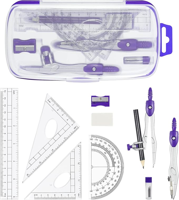 Unjoo Math Geometry Set 10 Pcs, Compass and Protractor for Students(Purple | Shatterproof Storage Box,Rulers,Protractor,Compass,Eraser,Pencil Sharpener,Lead Refills,Pencil,for Classroom, Back to School