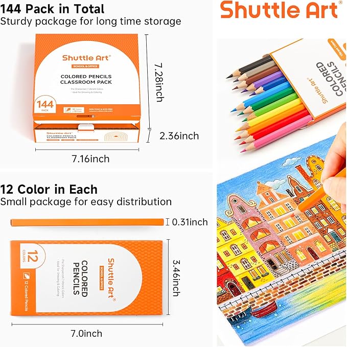 Shuttle Art 144 PCS Colored Pencils Bulk, 12 Assorted Colors, Pack of 12, Break-Resistant, Pre-sharpened Colored Pencils for Kids, Bulk Pack School Supplies for Teachers & Students