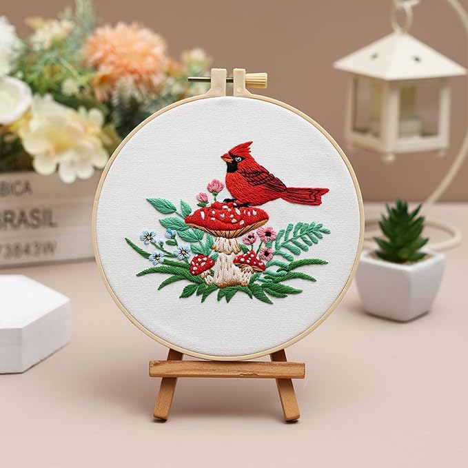 Louise Maelys Cardinal Mushroom Embroidery Kit for Beginners DIY Craft | DIY Needlepoint Kit with Pre-Printed Fabric, Hoop, Threads, Needles and Guide. Cross Stitch Kit for Adults with Nature Design