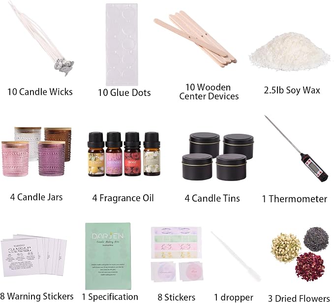 DARJEN Candle Making Kit for Adult, 4 Jars & 4 Tins Soy Wax Scented DIY Set | 100% Soy Wax, 10oz Glass Jars, 4oz Tins, Cotton Wicks, Pleasant Scents, Instruction& More- Perfect as Home Decorations