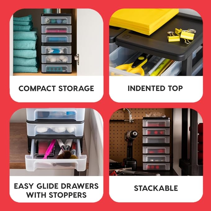 IRIS USA 4-Pack, 3-Drawer Small Plastic Stacking Desktop Organizer, Black