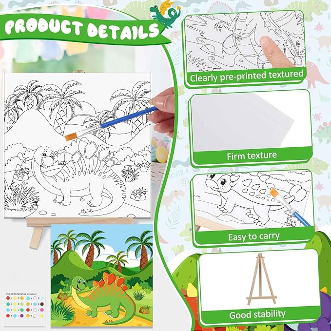 Tenceur 12 Sets Pre Drawn Canvas to Paint Adult Stretched Coloring Painting Canvas Panels with Design Easel and Brushes for Party Supplies Beginner Favor(Dinosaur)