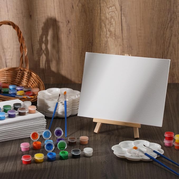 Qilery 12 Set Canvas Painting Kit, Mini Canvas with Wooden Easels Acrylic Paints Strips, Brushes, Palette, Art Set for Acrylic Oil Watercolor Adults Birthday Party Favors(6 x 8 Inch)