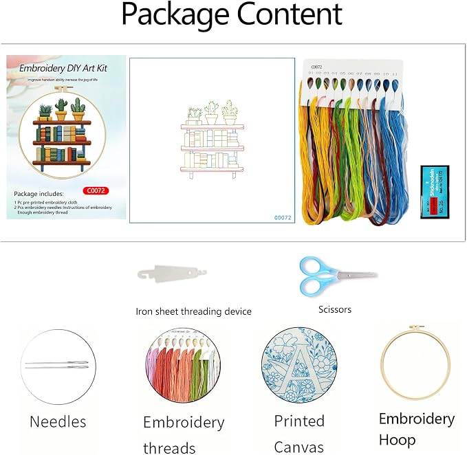 Zhenqing Book Lover Embroidery Kit for Beginners, Bookshelf & Cactus Needlework Craft with Pre-Printed Cotton Fabric, Hoop, Threads & Tools, Reading Nook Decor (C0072)