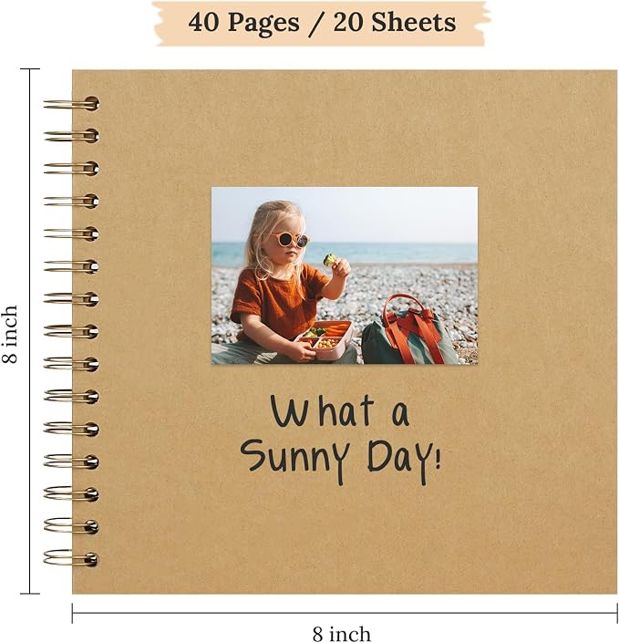 Scrapbook Photo Album 8"x8" 20 Sheets 40 Pages Hardcover Kraft Paper Khaki