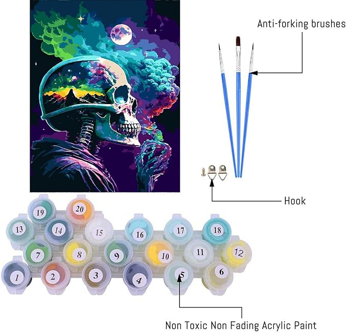 pchmcu DIY Skull Paint by Numbers Kits for Adults,Paint by Number for Adults Beginner Moon,Skeleton Paint by Numbers Kits on Canvas Without Frame for Home Wall Decor 16x20inch
