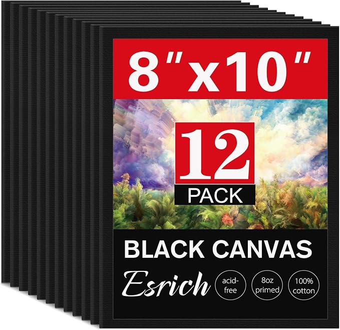 12 Pack Canvas for Painting 8x10 Inch, Black Canvas Boards for Painting Cotton Primed Acid Free Blank Canvas Panels for Oil, Acrylic Paint and Tempera.