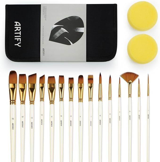18 Piece Paint Brush Set, ARTIFY 15 Acrylic Paint Brushes, Palette Knife, and 2 Sponges, Professional Artist Paint Brushes for Acrylics, Watercolors, Gouache, Canvas, and Face Painting, Ivory White