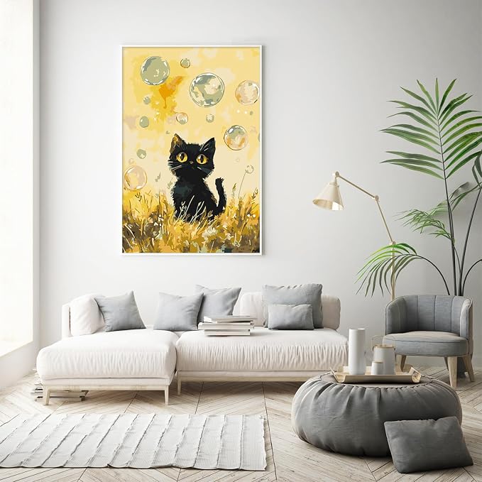 Framed Paint by Numbers Kit for Adults Beginner & Kids Ages 8-12, Black Cat Paint by Numbers with frame, without Easel, DIY Acrylic Number Painting for Adults Animal for Home Decor Gift 8 x 12 Inch