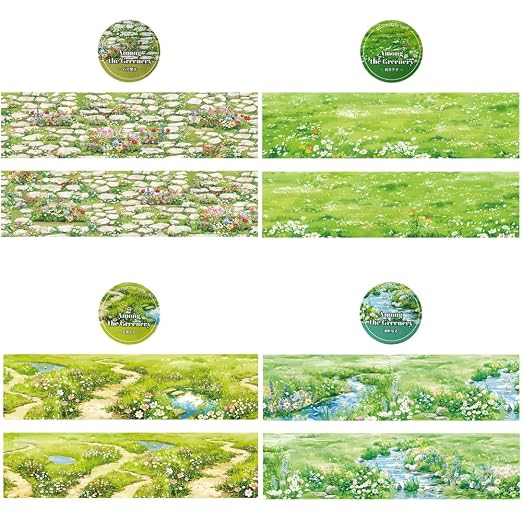 4 Rolls Grassland Lawn PET Tape Stickers for Journaling Scrapbook Washitape Flower Grass Pebble Path PET Washi Tape Set Green Plants Landscape Decorative Washi Tapes Scrapbooking Journal Supplies