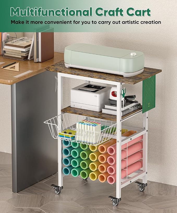 Queension Craft Cart with Wheels for Cricut Machines, Craft Organization and Storage Stand with Basket, Cutting Machine Stand for Cricut Accessories, Vinyl Roll Organizer, White