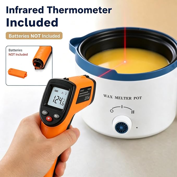 KQU Electric Wax Melting Pot with Non-Touch Thermometer(Without Battery) | 1.5Qt Wax Melter Pot for Candle Making Includes Infrared Thermometer,100 Cotton Wicks,Wick Set and Manual Instruction