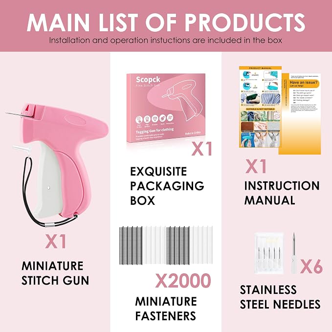 Stitch Gun for Clothes - Handheld Stitch Gun Quick Clothing Fixer - Tagging Gun - Includes 6 Needle, 1000 Black Fasteners & 1000 White Fasteners
