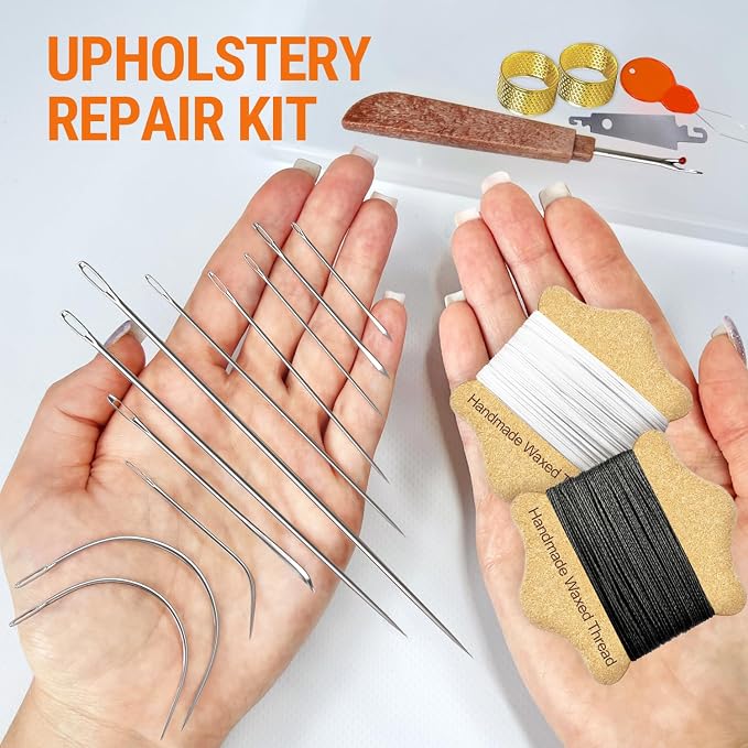 VONEEDL Upholstery Repair Kit: Waxed Sewing Thread (2 Colors: Black and White) & Heavy Duty Needles (11 PCS) for Leather, Canvas & Quilting Thread