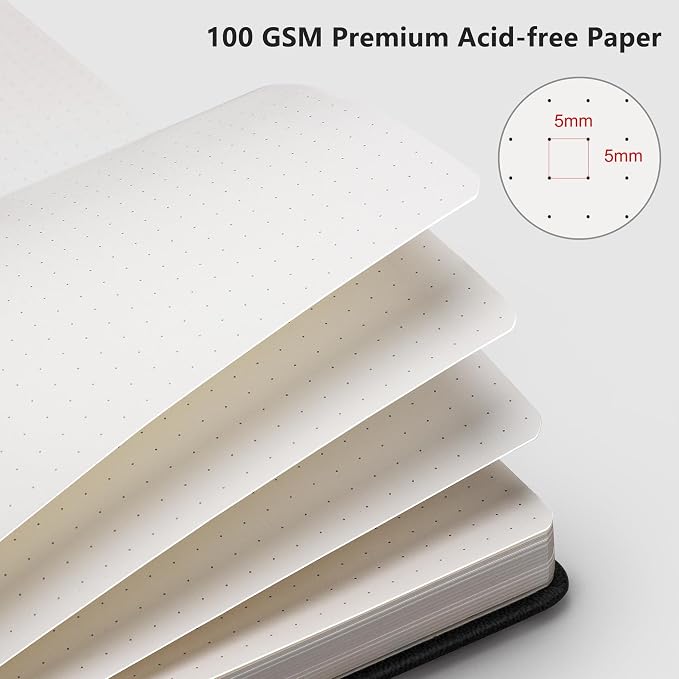 RETTACY Dotted Journal Notebook, 192 Pages, A5 Medium Size (5.7'' x 8.3'') | Leather Hardcover, 100 GSM Thick Paper, for Journaling, Planning, Tracking (Black)