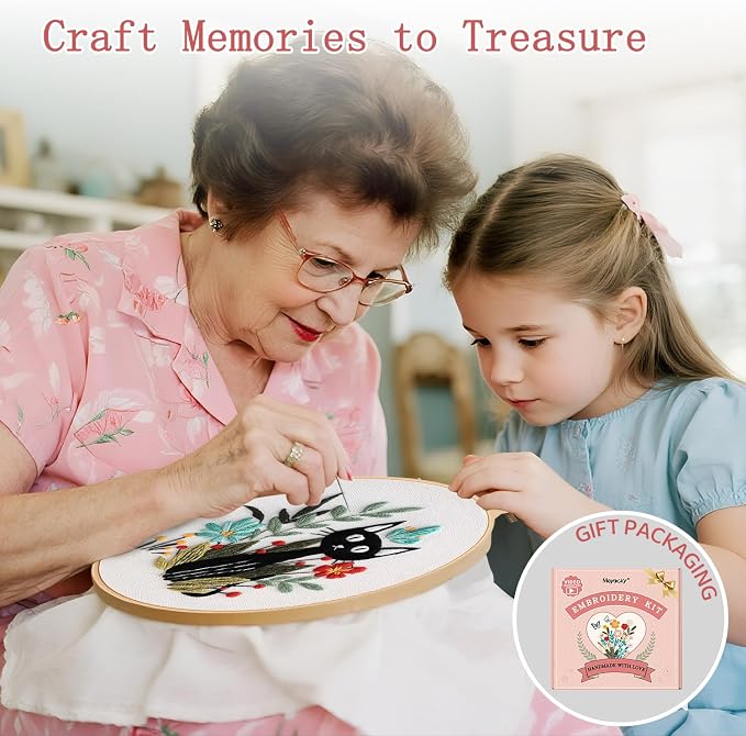Meyocky Embroidery Kit for Beginners with Cat Flower Patterns& Stitch Video | 3-Piece Hand Embroidery Kits with Pre-Stamped Fabrics Hoop Threads, Step-by-Step Instructions, Relaxing Craft Gift for Women