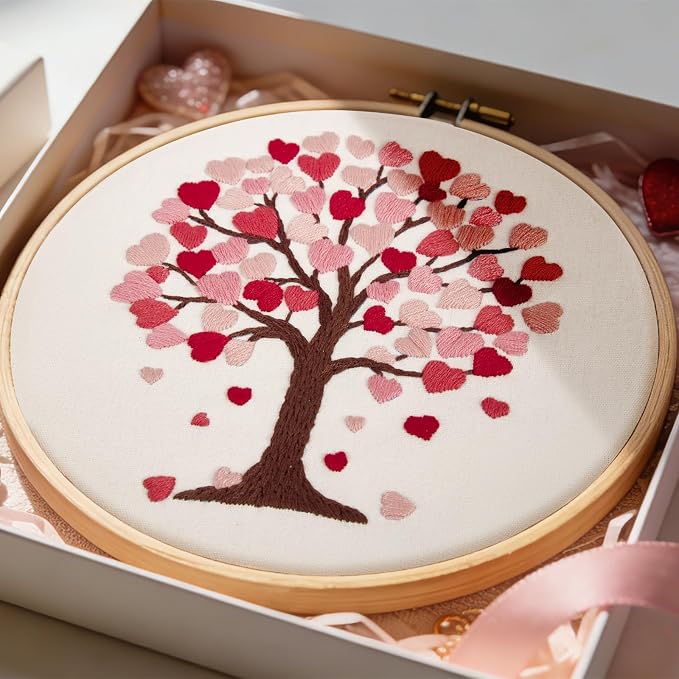 Love Heart Tree Embroidery Kits for Beginners Adults, Valentine's Day Hand Embroidery Kits, Cross Stitch Kits for Adult Anniversary Valentine's Gift, Entire Set of Embroidery Supplies & Video Tutorial