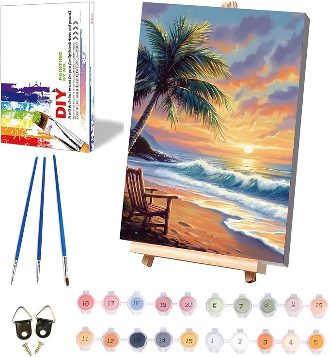 xackcme Beach Paint by Numbers for Adults with Framed Canvas 8x12 inch | Landscape Paint by Number on Canvas, DIY Sunset Acrylic Oil Painting Kits with Wooden Easel Brushes for Home Wall Decor