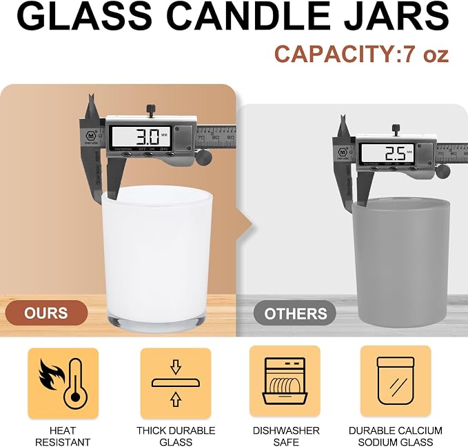 SHOWIN Thick Candle Jars for Making Candles 12 Pcs, 7 OZ Empty Jars with Wood Lids for Candle Making, Sample Container, Inner White