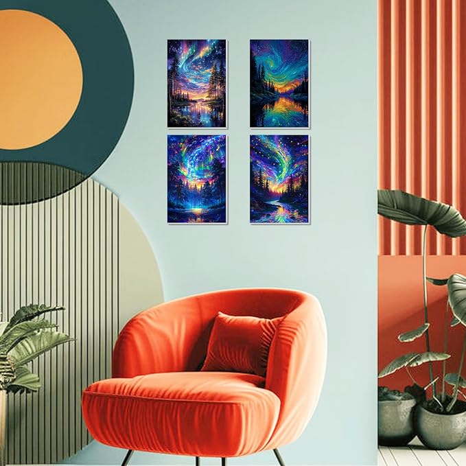 4 Pack Framed Paint by Numbers Kit for Adults Beginner Canvas Painting by Numbers for Adults Starry Night Easy Adult Paint by Number Kits with Frame Tree Watercolor Painting by Number 8x12 Inch