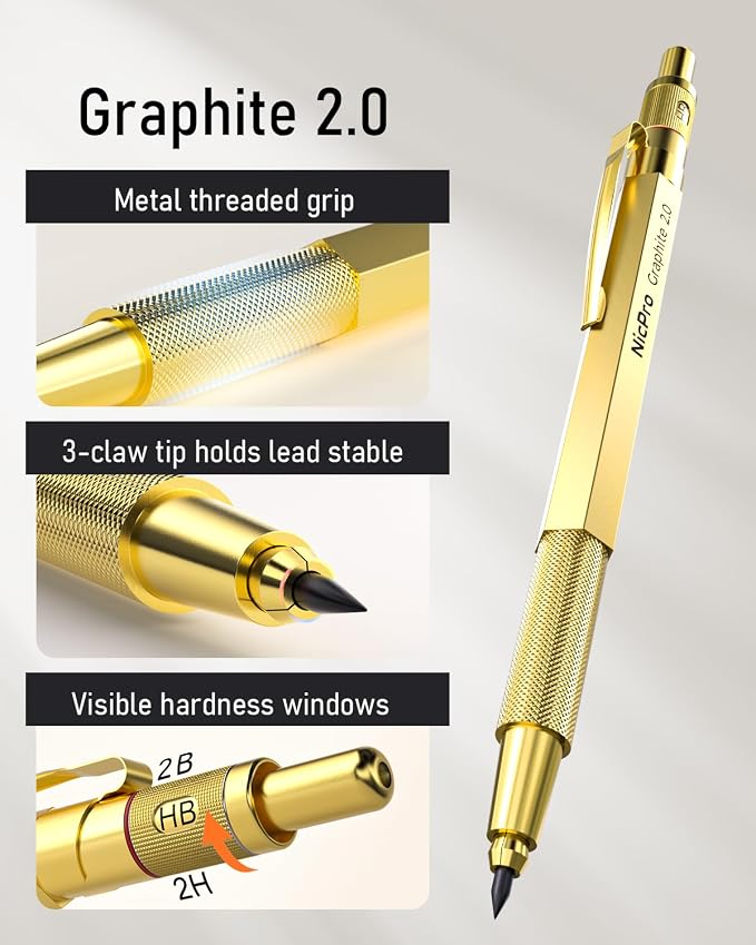 Nicpro 35PCS Gold Art Mechanical Pencils Set, 3 PCS Metal Drafting Pencil | 0.5 mm & 0.7 mm & 0.9 mm & 3 PCS 2mm Lead Holder (6B 4B 2B HB 2H 4H Colors) For Sketching Drawing With 20 Tube Lead Refills