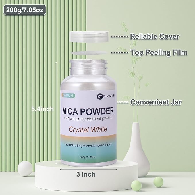 Mica Powder,200g/7.05oz Large Jar,Crystal White Mica Powder Pigment for Epoxy Resin，Lip Gloss，Paint，Dye，Soap Making，Nail Polish,Candle Making,Bath Bombs(Crystal White)