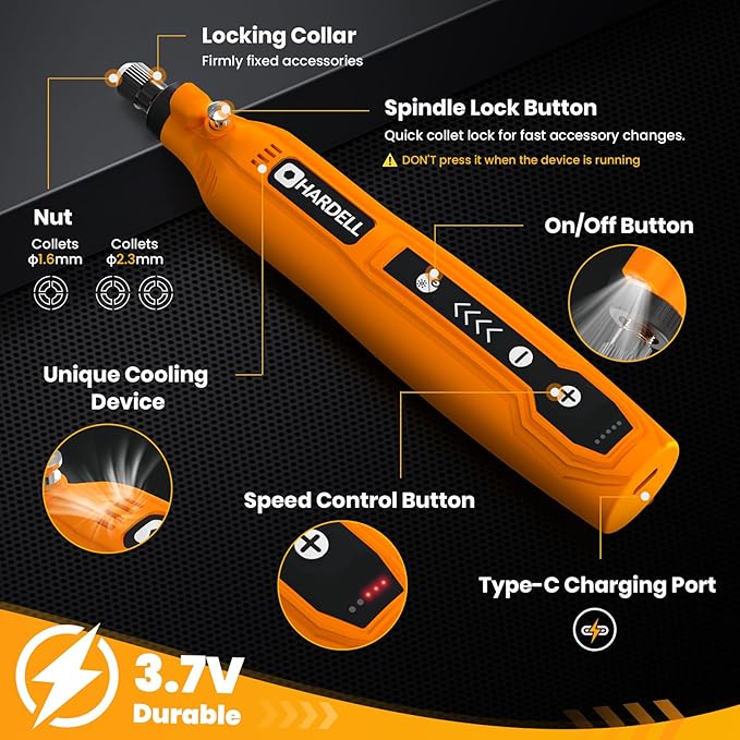 HARDELL Mini Cordless Rotary Tool, 5-Speed 69pcs Kit for 3D Printer Sanding | 5000-18000RPM, 2000mAh, USB-C, LED Light, Case – Engraving Pen for Polishing, Drilling, Carving, DIY Crafts