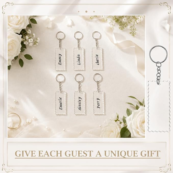 50 Sets Scalloped Clear Acrylic Keychain Blanks with Key Rings and Chains, Transparent Blank Keychain for DIY Vinyl Ornament, Name Tags, Drawing, Engraving, Decorate with Stickers