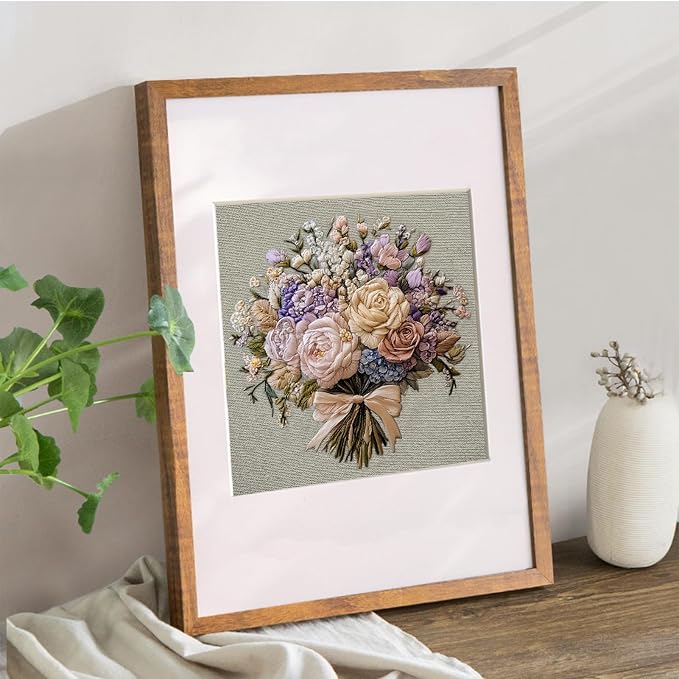 FONNUY Bouquet Flowers Embroidery Kit for Beginners, Pre-Stamped Pattern Kits for Adults with Hoop, Easy to Follow Color Thread Needlework, 8'' Hoop (Timeless Elegance)
