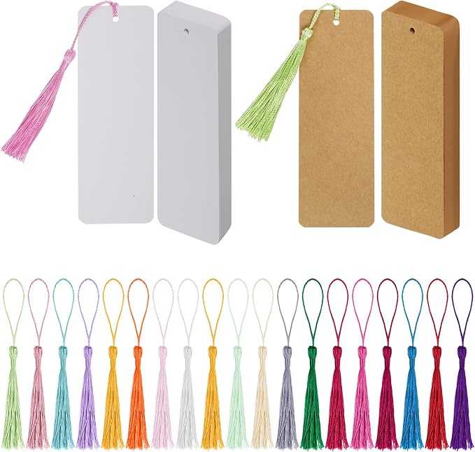 choyaxo 120 Pcs Kraft Paper Blank Bookmarks with 100 Pcs Colorful Tassels Paper Bookmarks for DIY Art Projects, School Supply, Gifts Tags 5.5x2 inch (120)