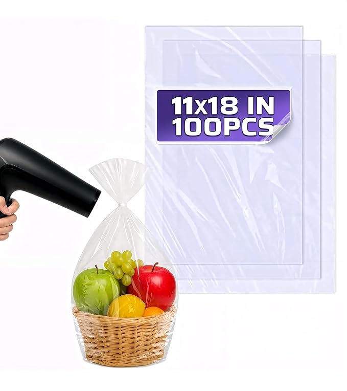 PalaYou 100 Pcs Heat Shrink Wrap Bags for Gifts, 11x18, Clear Cellophane | Large Heat Shrink Bags; Works with Heat Gun or Hair Dryer; Dust and Moisture Cover; for Books, Cosmetics, and Gift Sets