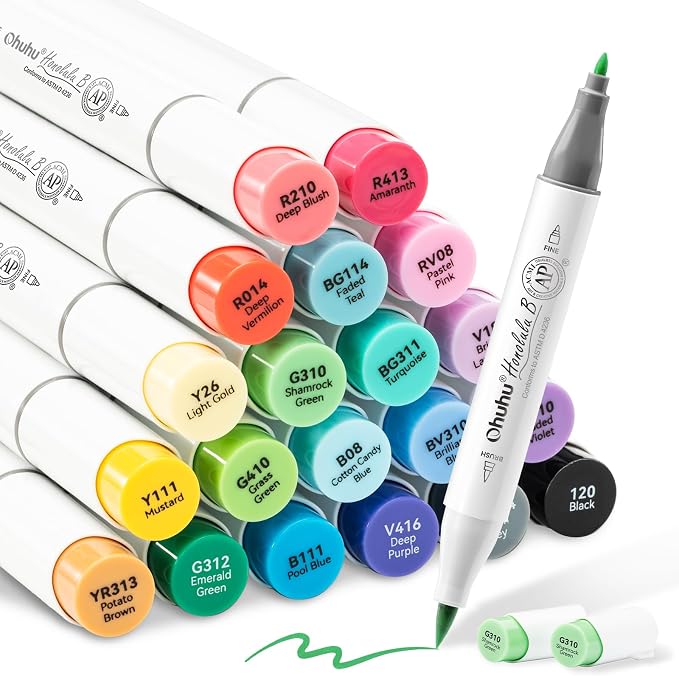 Ohuhu Alcohol Markers Brush& Fine 24 Colors for Adult Coloring AP Certified