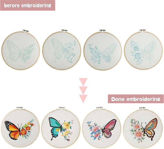 Bonroy 4 Sets Embroidery Kit for Beginners,Embroidery Art Craft Handy Sewing Include Clothes with Pattern,Embroidery Hoops, Instructions,Color Threads Needle (Butterfly) (CX-55)