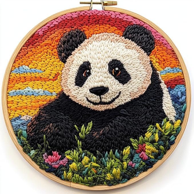 DIY Punch Needle Kits Panda with Sunset with Hoop 20x20cm-2 | with Pattern Stamped Easy for Beginners Embroidery Punch Needle Starter Craft Set for Adults Festival Gift and Decoration